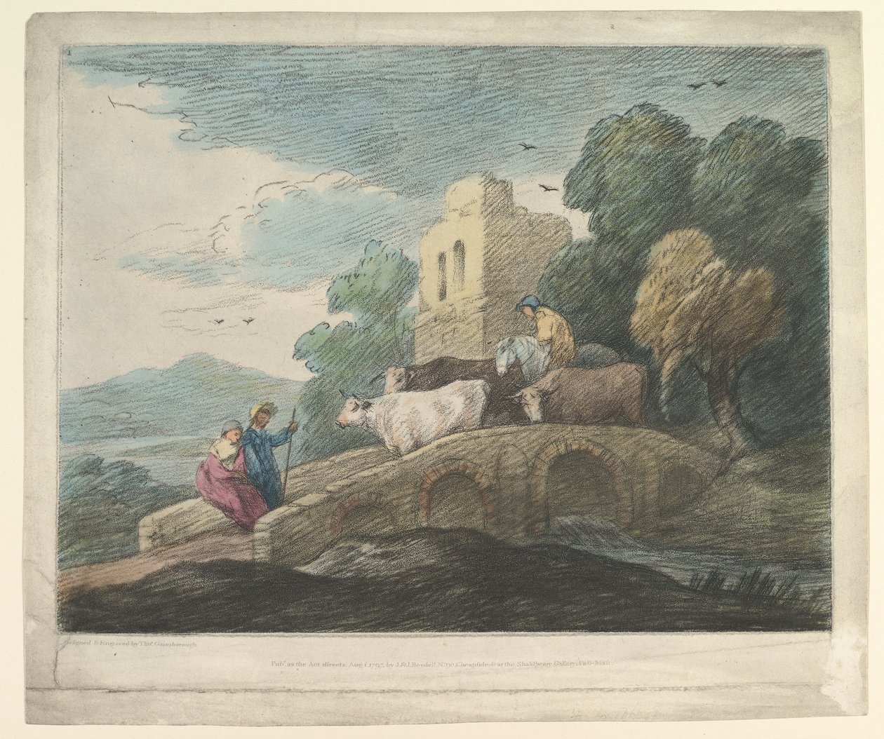 Paisagem arborizada com os pastores que conduzem o gado sobre uma ponte, amantes rústicos e castelo arruinado, 1797. de Thomas Gainsborough