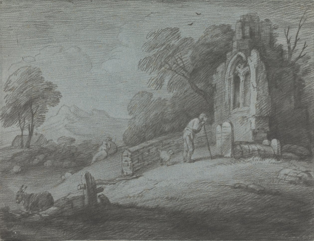 Paisagem arborizada com Túmulos de Leitura Camponesa, Amantes Rústicos e Igreja arruinada de Thomas Gainsborough