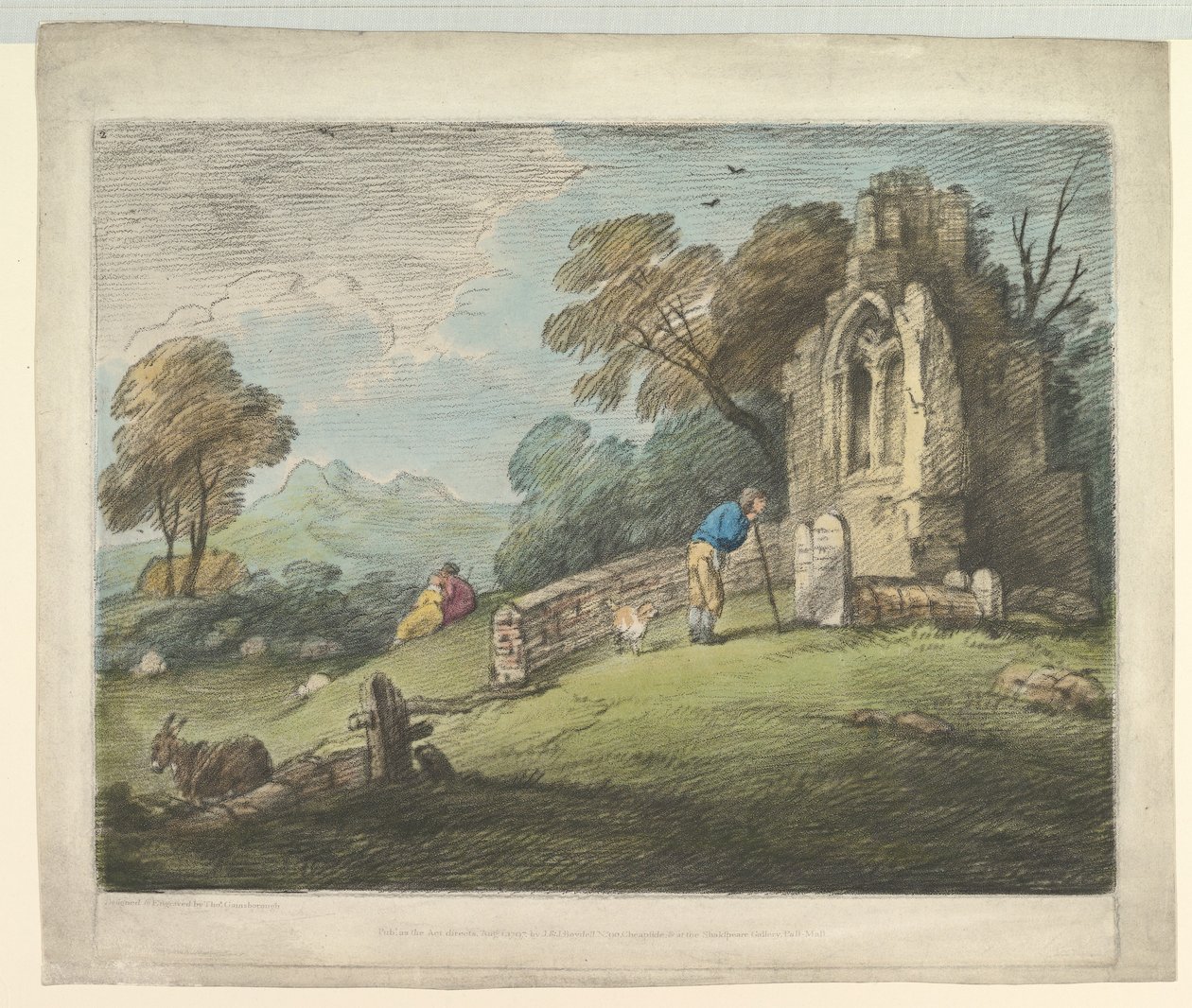 Paisagem arborizada com a lápide da leitura do camponês, amantes rústicos e igreja arruinada, 1º de agosto de 1797. de Thomas Gainsborough