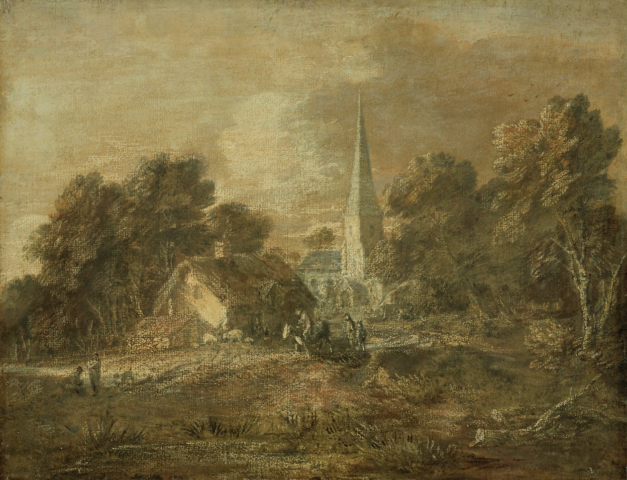 Paisagem arborizada com cena de aldeia de Thomas Gainsborough