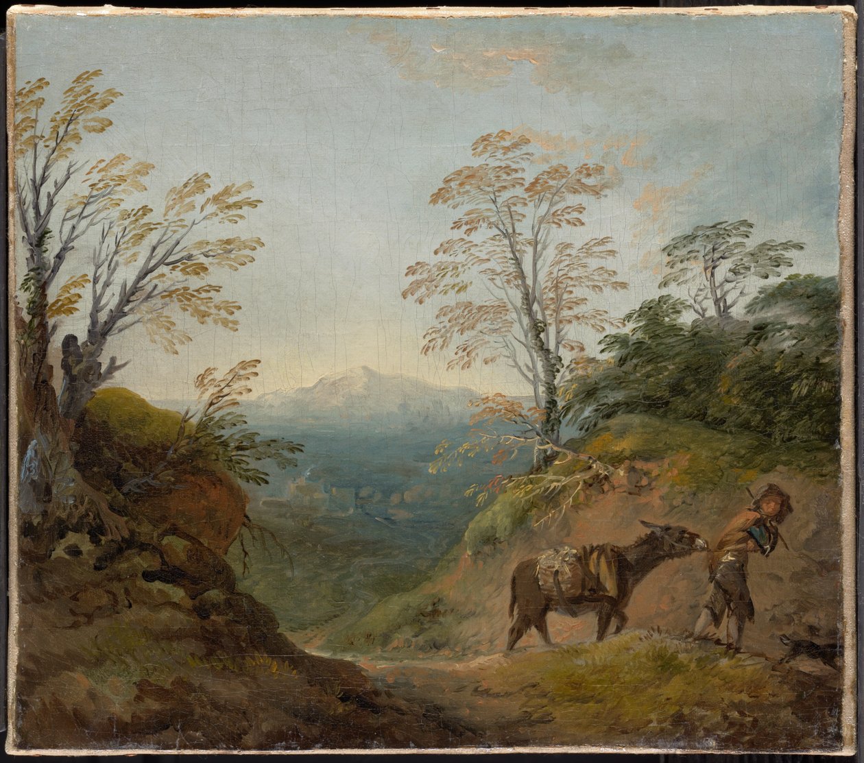 Paisagem arborizada com um rapaz a conduzir um burro e um cão, e um amplo panorama com edifícios e colinas distantes de Thomas Gainsborough