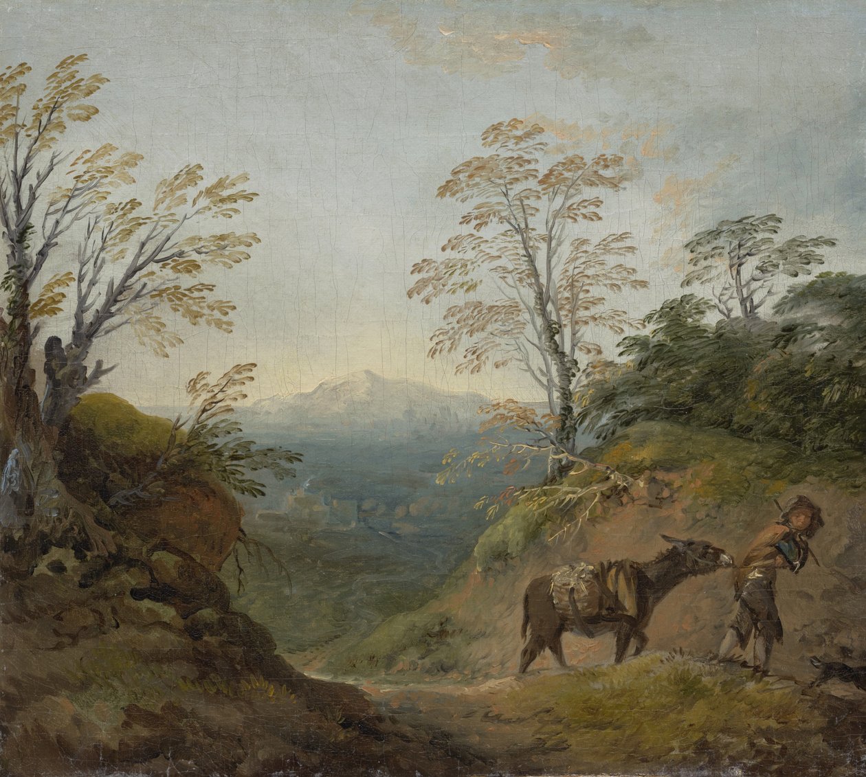Paisagem arborizada com um menino levando um burro e cachorro e um extenso panorama com edifícios e colinas distantes, início dos anos 1760 de Thomas Gainsborough