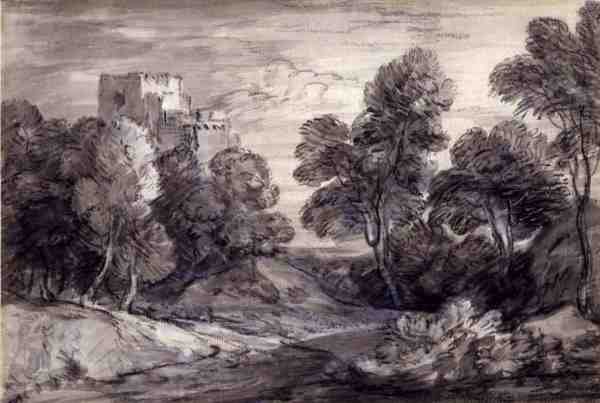 Paisagem arborizada com um Castelo (giz e carvão vegetal sobre papel) de Thomas Gainsborough