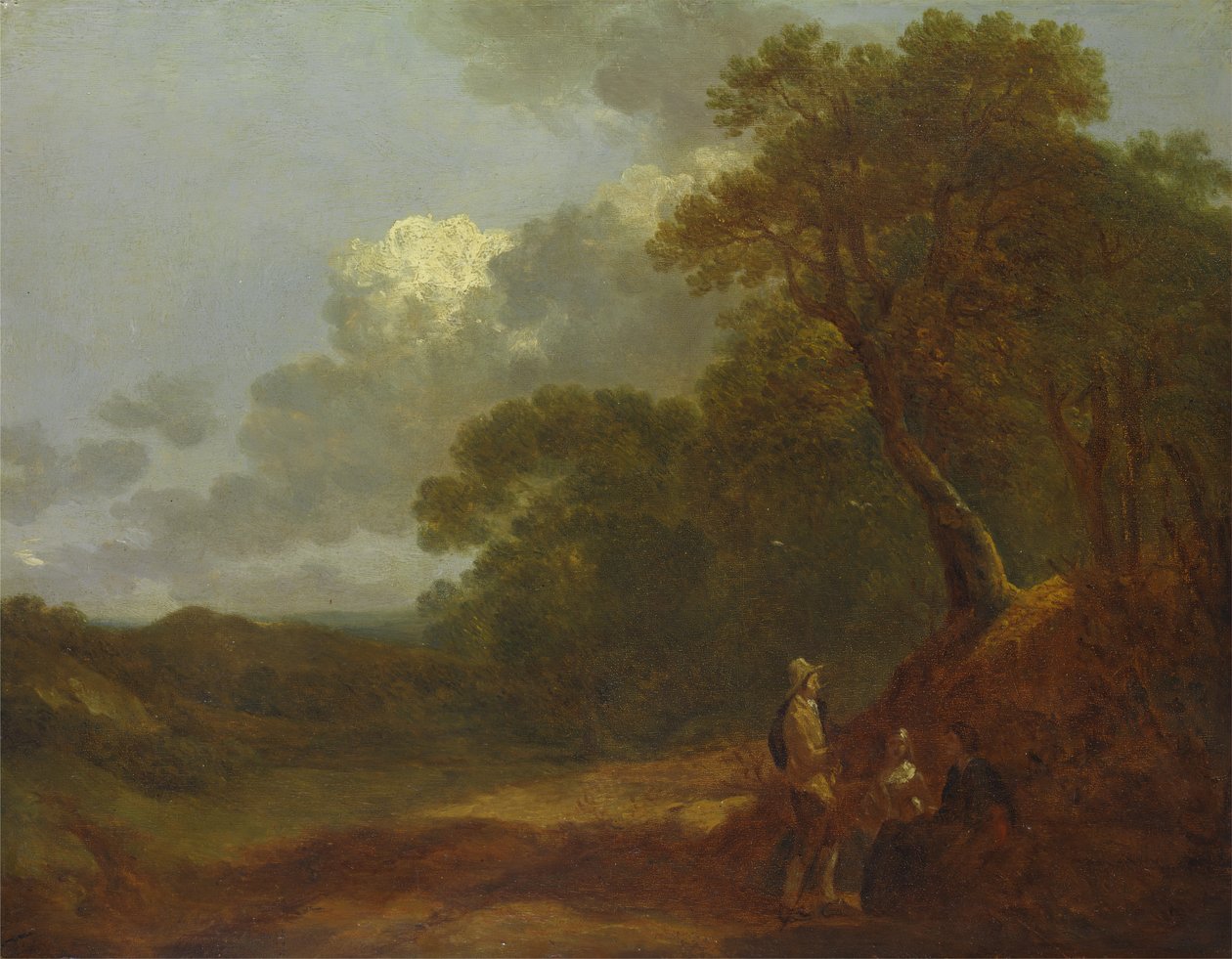 Paisagem arborizada com um homem conversando com duas mulheres sentadas, ca. 1745. de Thomas Gainsborough