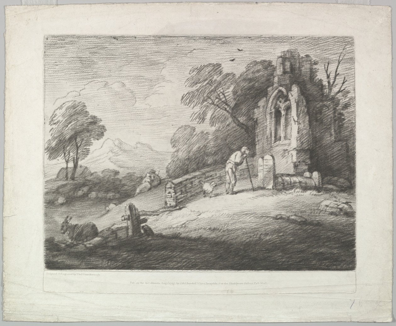Paisagem arborizada com um camponês lendo uma lápide, amantes rústicos e um arruinado ..., 1 de agosto de 1797. de Thomas Gainsborough