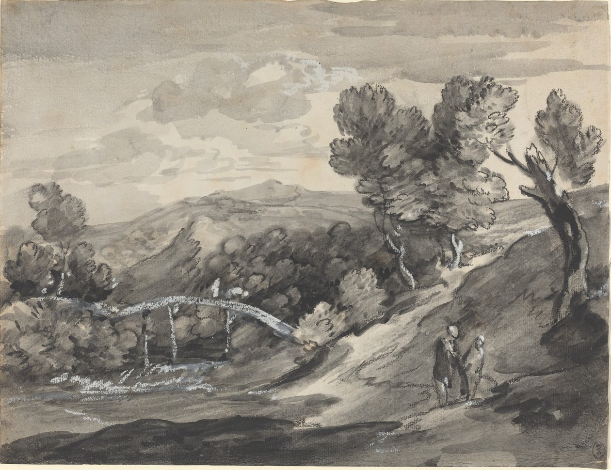 Paisagem arborizada do planalto com uma ponte de Thomas Gainsborough