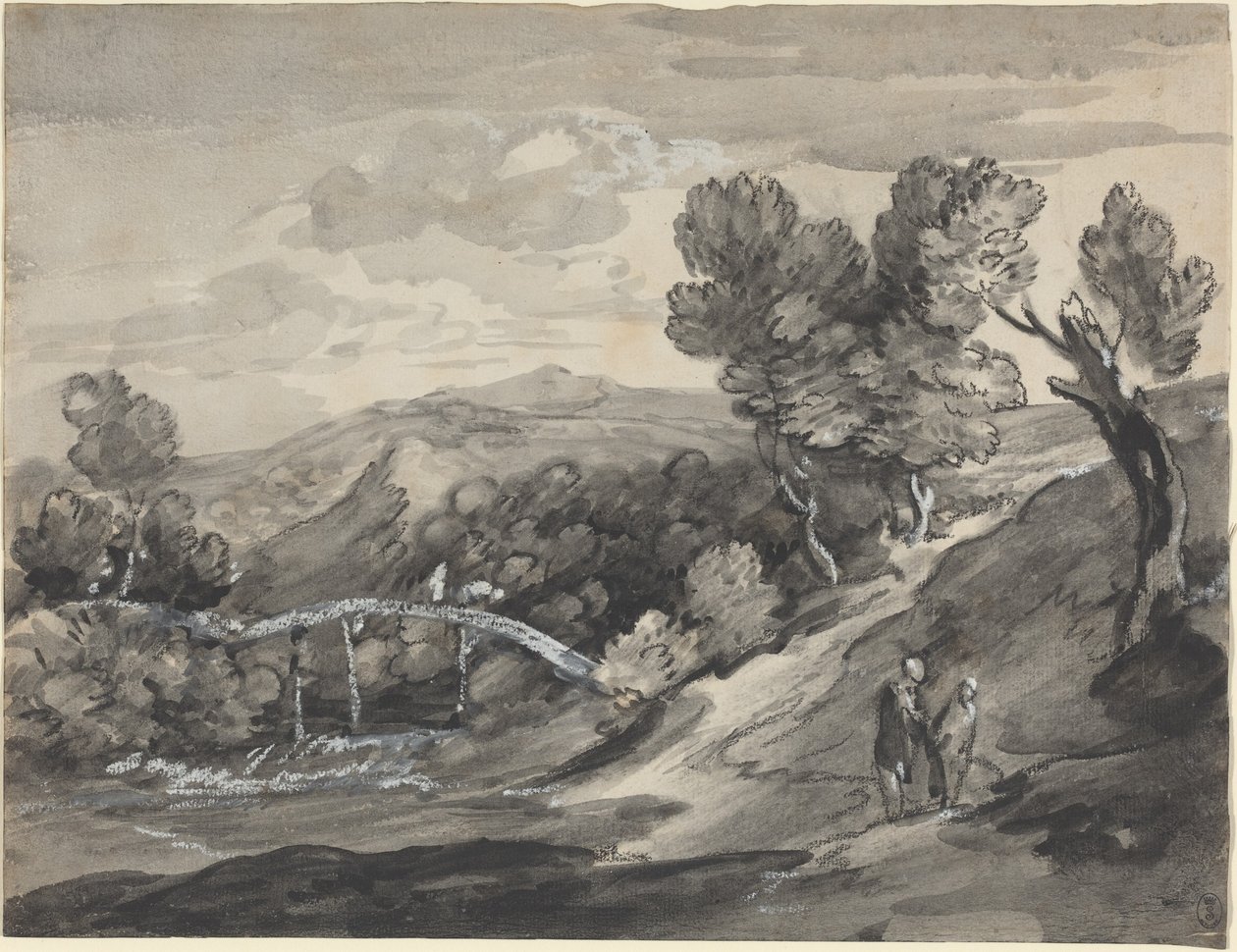 Paisagem arborizada de terras altas com uma ponte de Thomas Gainsborough