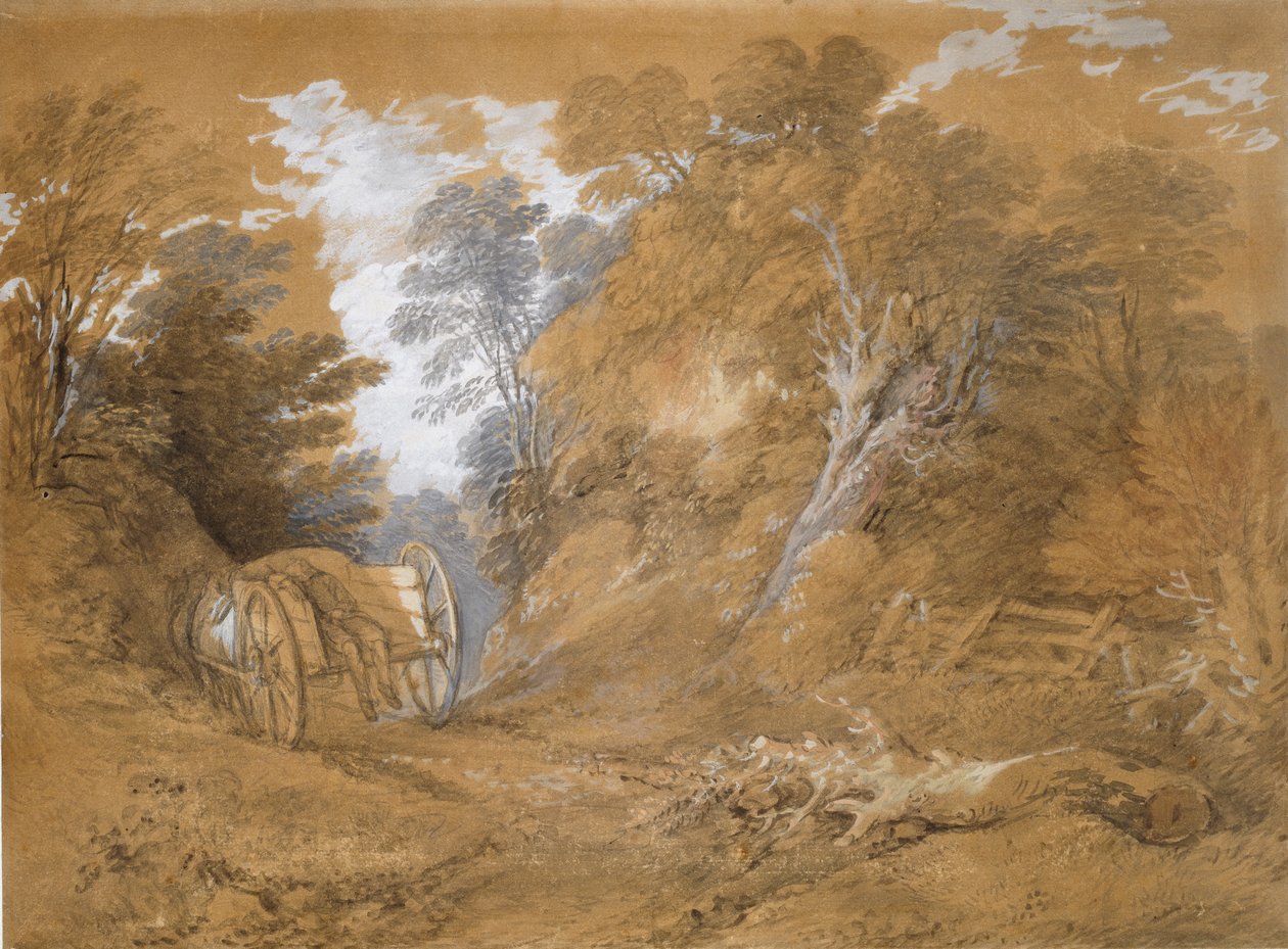 Paisagem arborizada com um camponês dormindo em uma carroça, século 18 de Thomas Gainsborough
