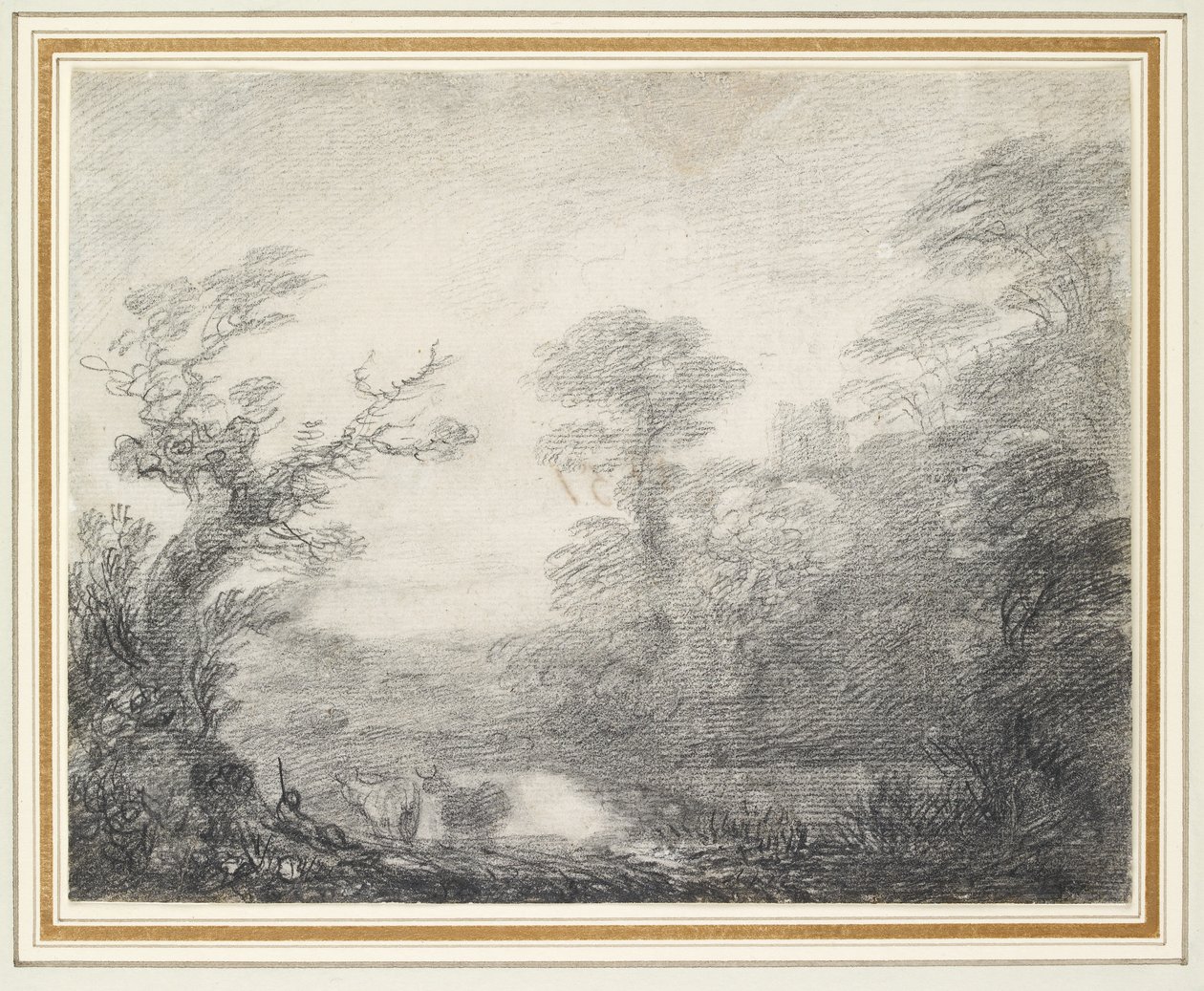 Paisagem arborizada com pastor, vacas e torre de igreja de Thomas Gainsborough