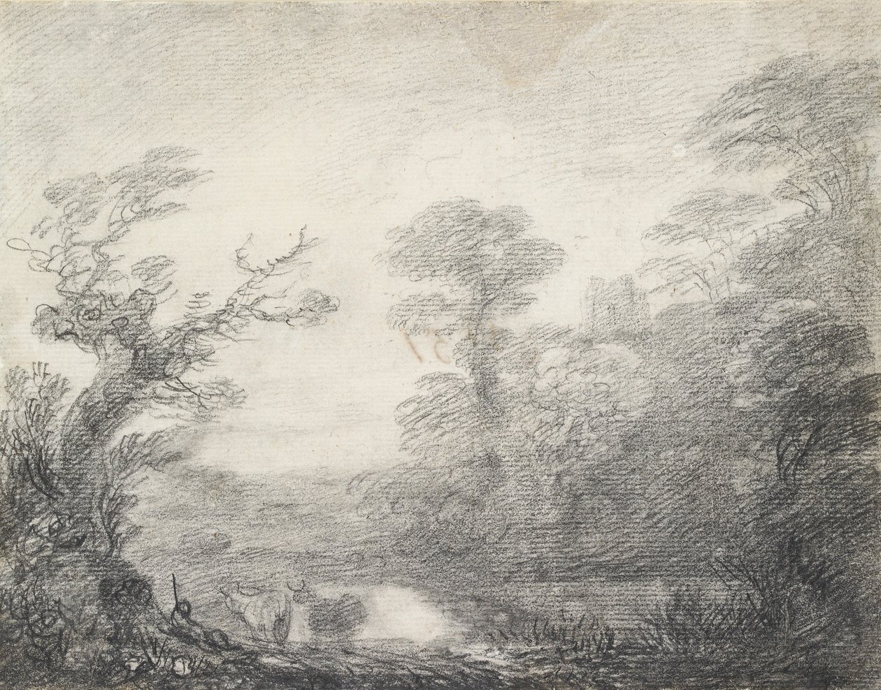 Paisagem arborizada com pastor, vacas e torre da igreja, 1753-1757 de Thomas Gainsborough