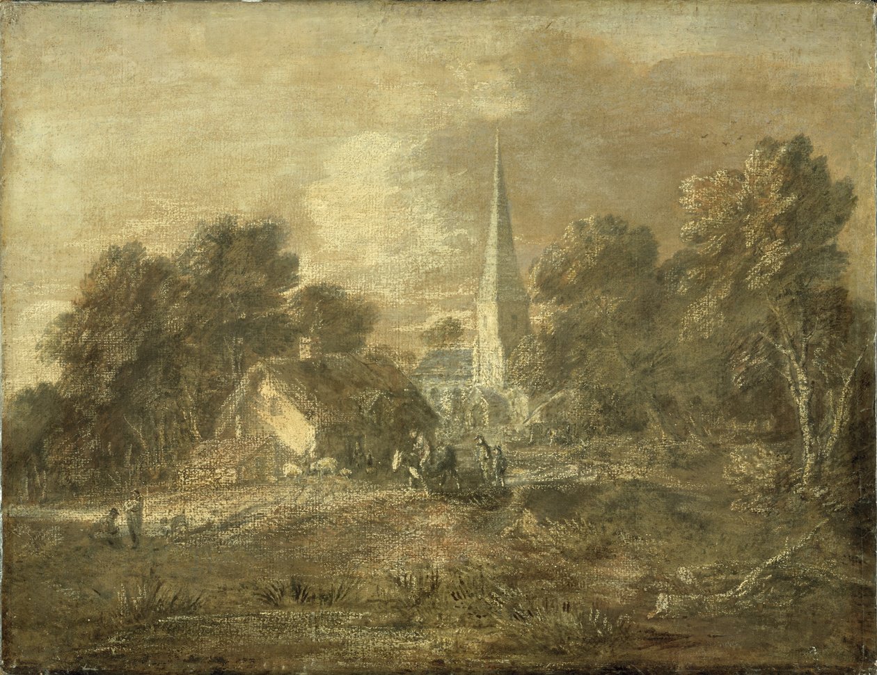 Paisagem arborizada com cena da vila, início de 1770-72 de Thomas Gainsborough