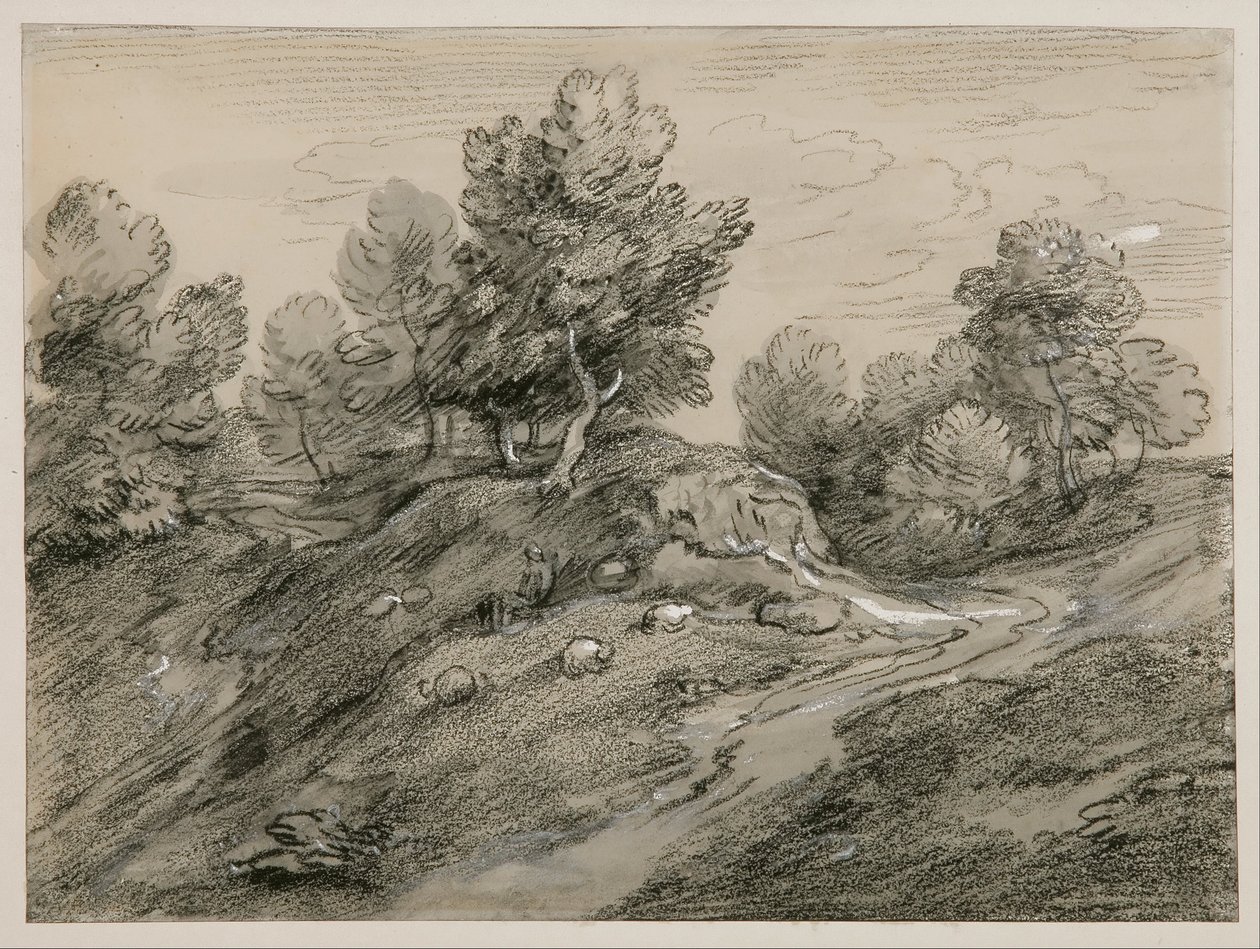 Paisagem arborizada de terras altas com pastor, ovelhas e caminho rural que serpenteia em torno de uma colina de Thomas Gainsborough