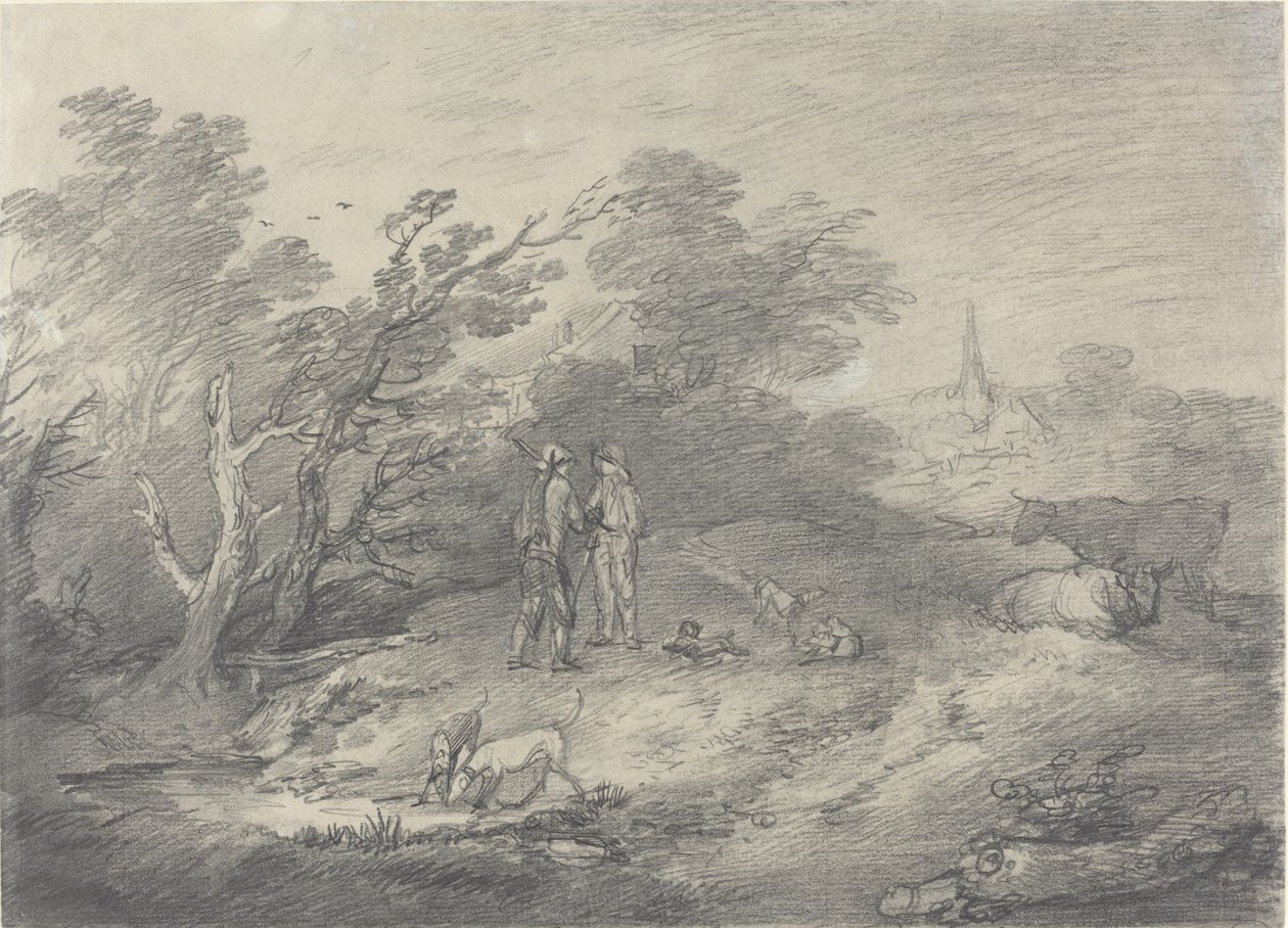 Bosques perto de uma vila com caçadores de coelhos e seus galgos de Thomas Gainsborough
