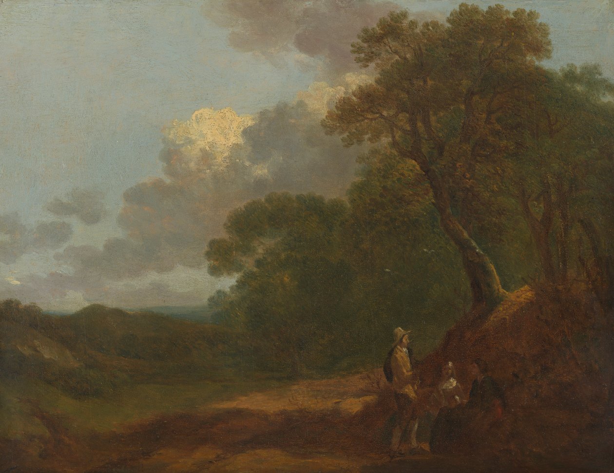 Paisagem arborizada com um homem a falar com duas mulheres sentadas de Thomas Gainsborough RA