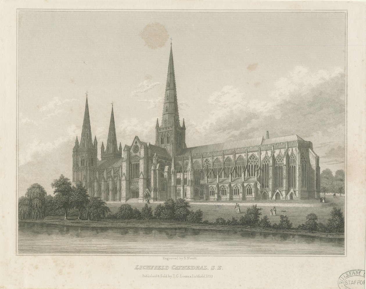 Catedral de Lichfield - Vista sudeste: gravura, nd [c 1833] (impressão) de Thomas George Lomax