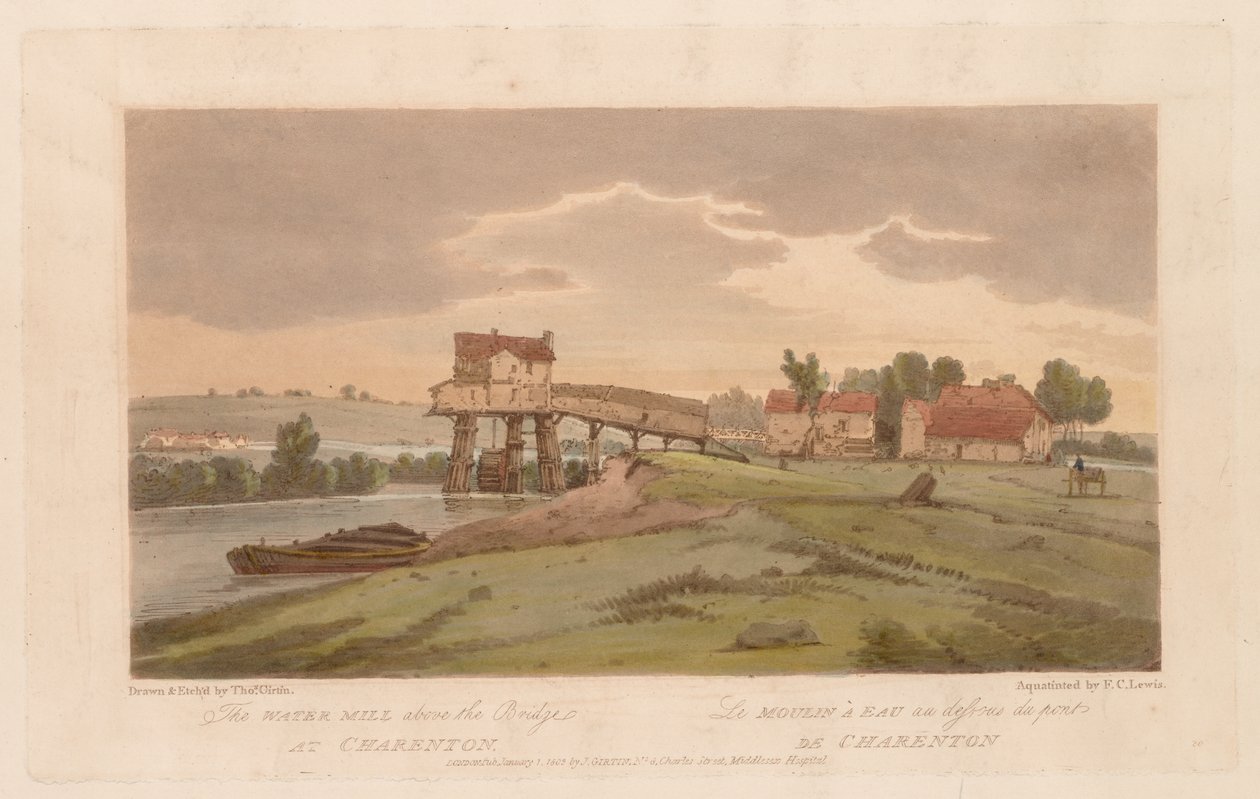 Uma seleção de vinte das vistas mais pitorescas de Paris: o moinho de água acima da ponte em Charenton de Thomas Girtin