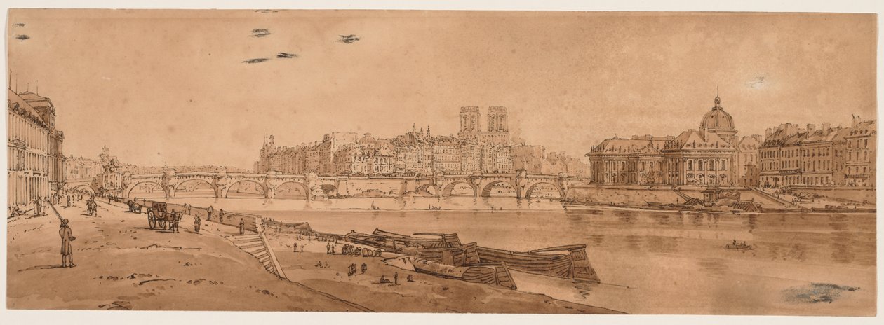 Uma seleção de vinte das vistas mais pitorescas de Paris: vista da Pont Neuf, parte do Louvre, Notre Dame e o Colégio das Quatro Nações de Thomas Girtin