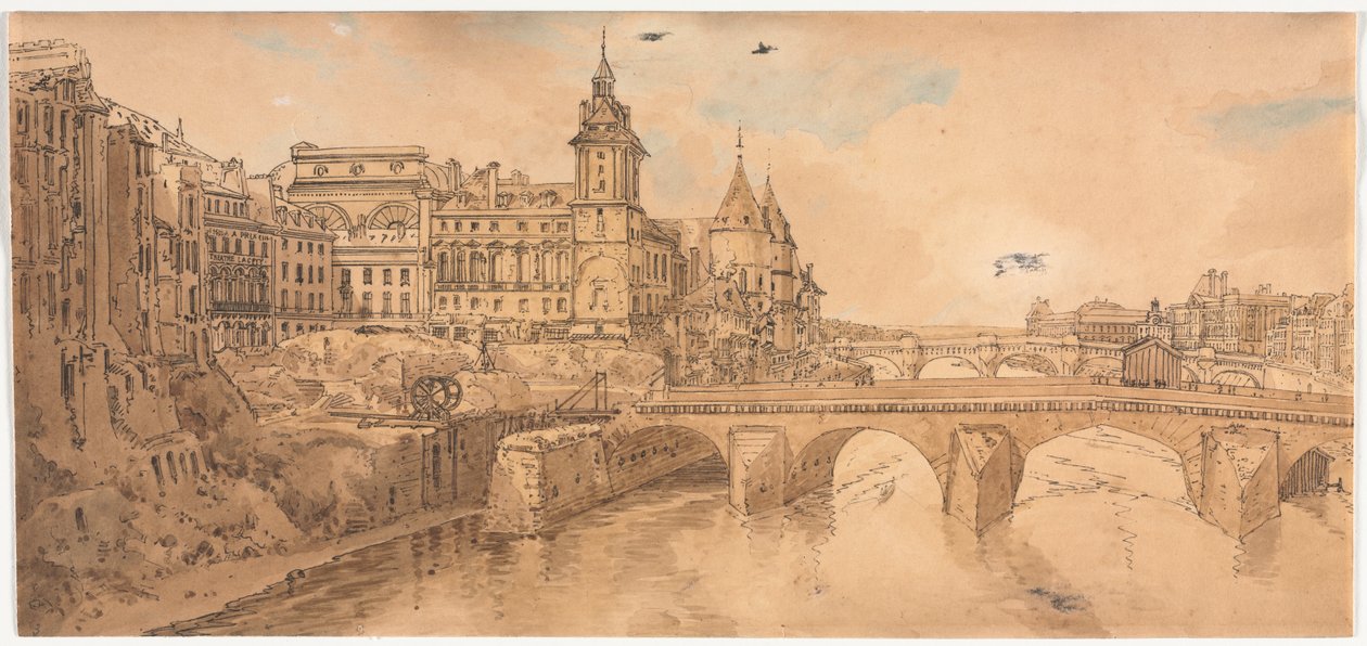 Uma seleção de vinte das vistas mais pitorescas de Paris: vista de Pont au Change, o teatro da cidade, Pont Neuf, Conciergerie Prison e tirada de Pont Notre Dame de Thomas Girtin