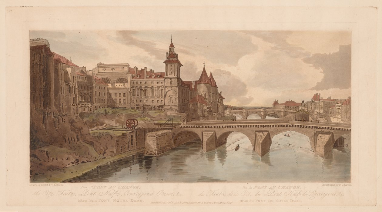 Uma seleção de vinte das vistas mais pitorescas de Paris: vista de Pont au Change, o teatro da cidade, Pont Neuf, Conciergerie Prison, etc. de Thomas Girtin