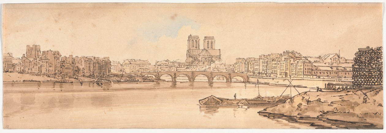 Uma seleção de vinte das vistas mais pitorescas de Paris: Vista da Pont de la Tournelle e Notre Dame tirada do Arsenal de Thomas Girtin