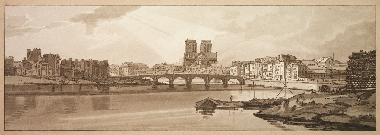 Uma seleção de vinte das vistas mais pitorescas de Paris: Vista da Pont de la Tournelle e Notre Dame tirada do Arsenal de Thomas Girtin