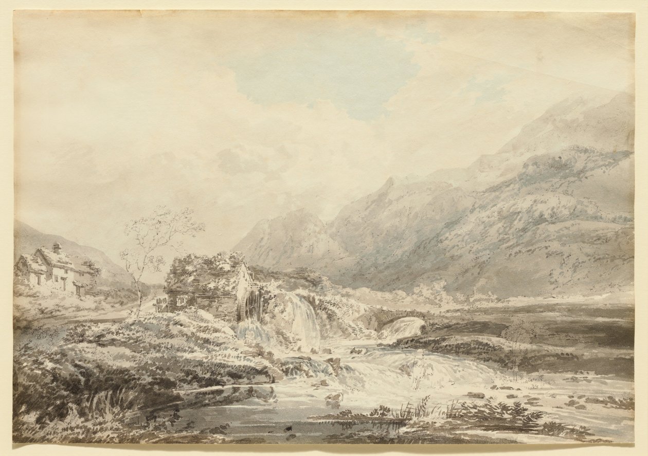 Paisagem montanhosa com moinho de roda hidráulica superior e ponte de Thomas Girtin