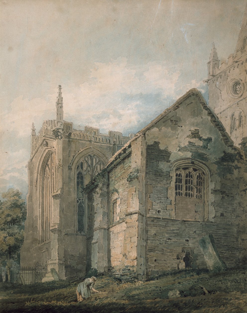 A Antiga Casa Charnel, Igreja da Santíssima Trindade, Stratford-upon-Avon (aquarela sobre indicações em grafite, tocada com a caneta) de Thomas Girtin