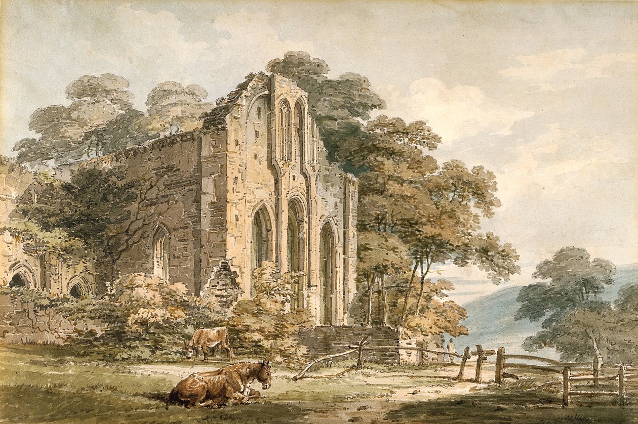 Abadia de Valle Crucis, Denbighshire, Gales do Norte (aguarela sobre lápis sobre papel de trama branca) de Thomas Girtin
