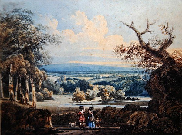 Vista do Castelo de Arundel com as Countrywomen in the Foreground, c.1796 (aguarela sobre papel) de Thomas Girtin