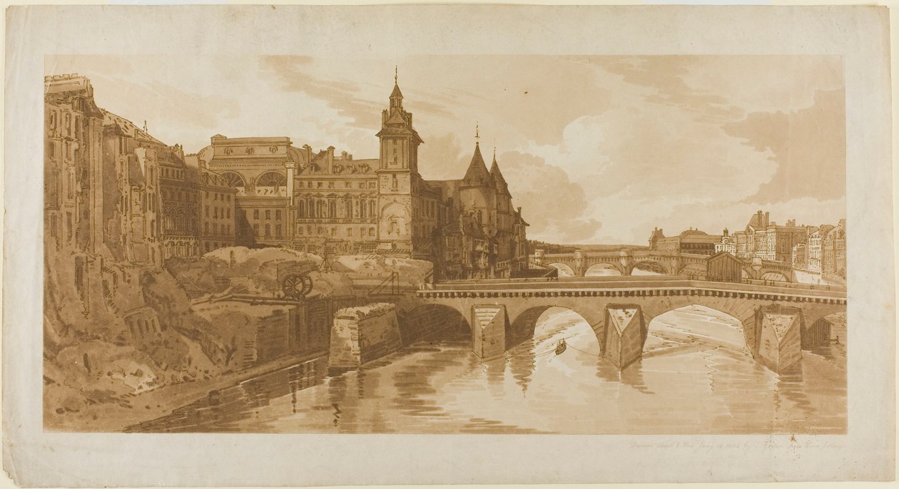 Vista de Pont au Change, do Teatro Municipal, Pont Neuf, Prisão Conciergerie, etc. tirada de Pont Notre Dame, de uma seleção de vinte das vistas mais pitorescas de Paris de Thomas Girtin