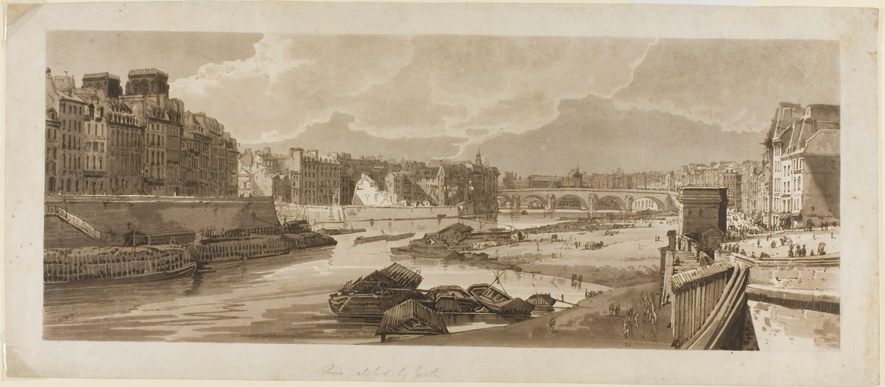 Vista da cidade com o Louvre, etc., tirada de Pont Marie, de uma seleção de vinte das vistas mais pitorescas de Paris de Thomas Girtin