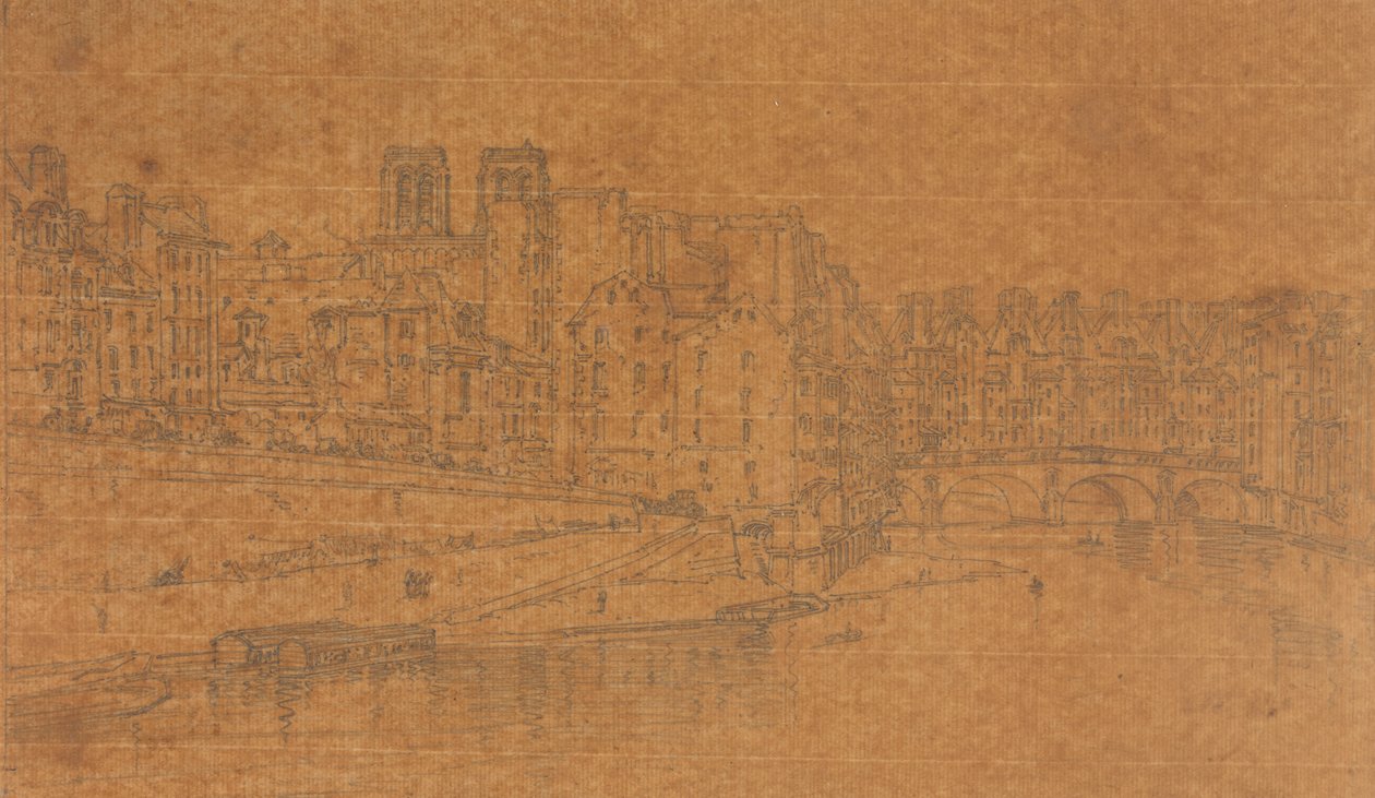 Vista da Pont St.Michel, tirada da Pont Neuf, 1803 (estudo para a Placa 4 da Views em Paris) de Thomas Girtin