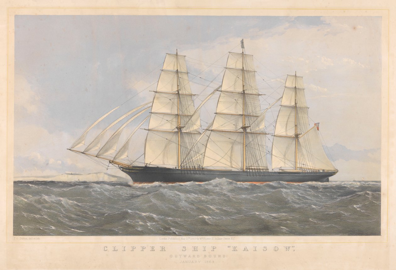 Clipper Ship Kaisow com destino ao exterior, janeiro de 1869, c.1868-74 (litografia a cores) de Thomas Goldsworth Dutton