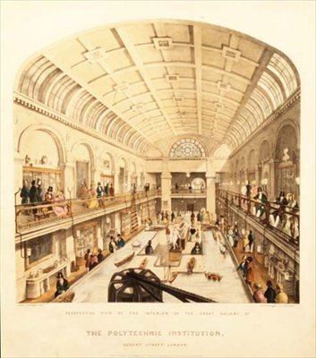 Vista interior da Grande Galeria do Instituto Politécnico, Rua Regent, c.1838 (cor litho) de Thomas Goldsworth Dutton