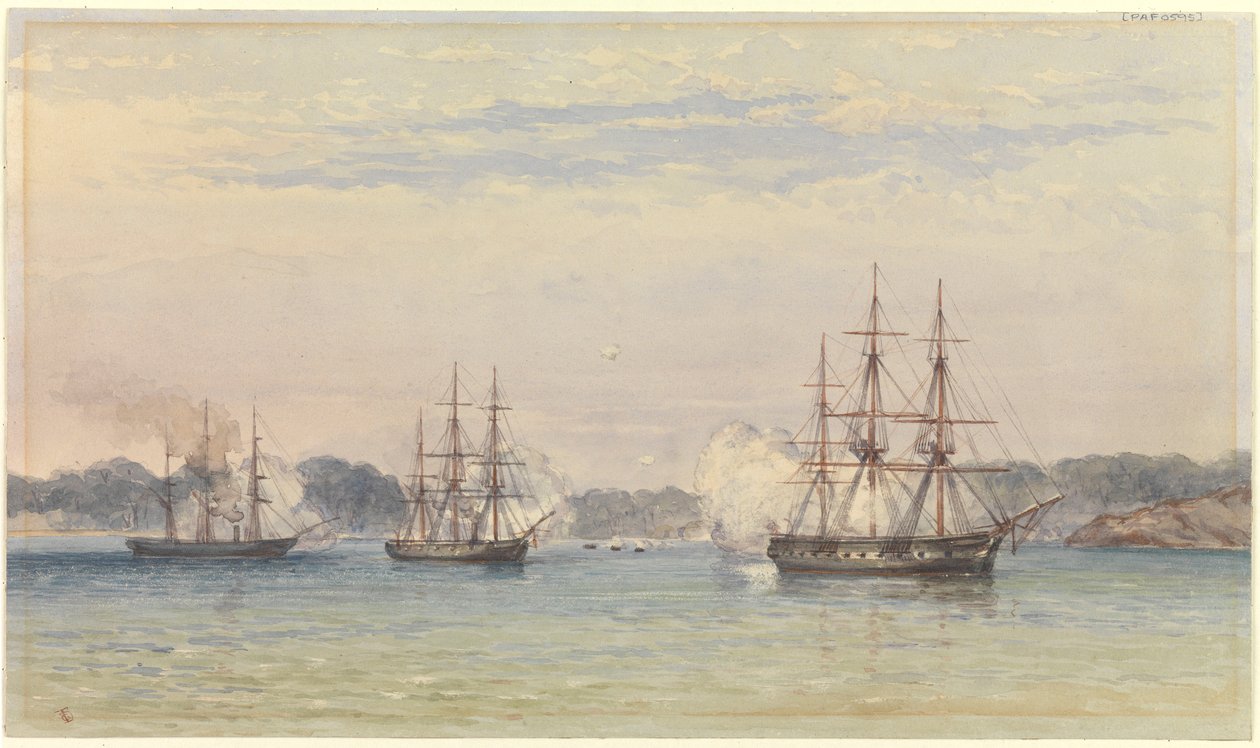 A Guerra da China de 1857, três navios da HM bombardeando e barcos de guerra na costa de Thomas Goldsworth Dutton