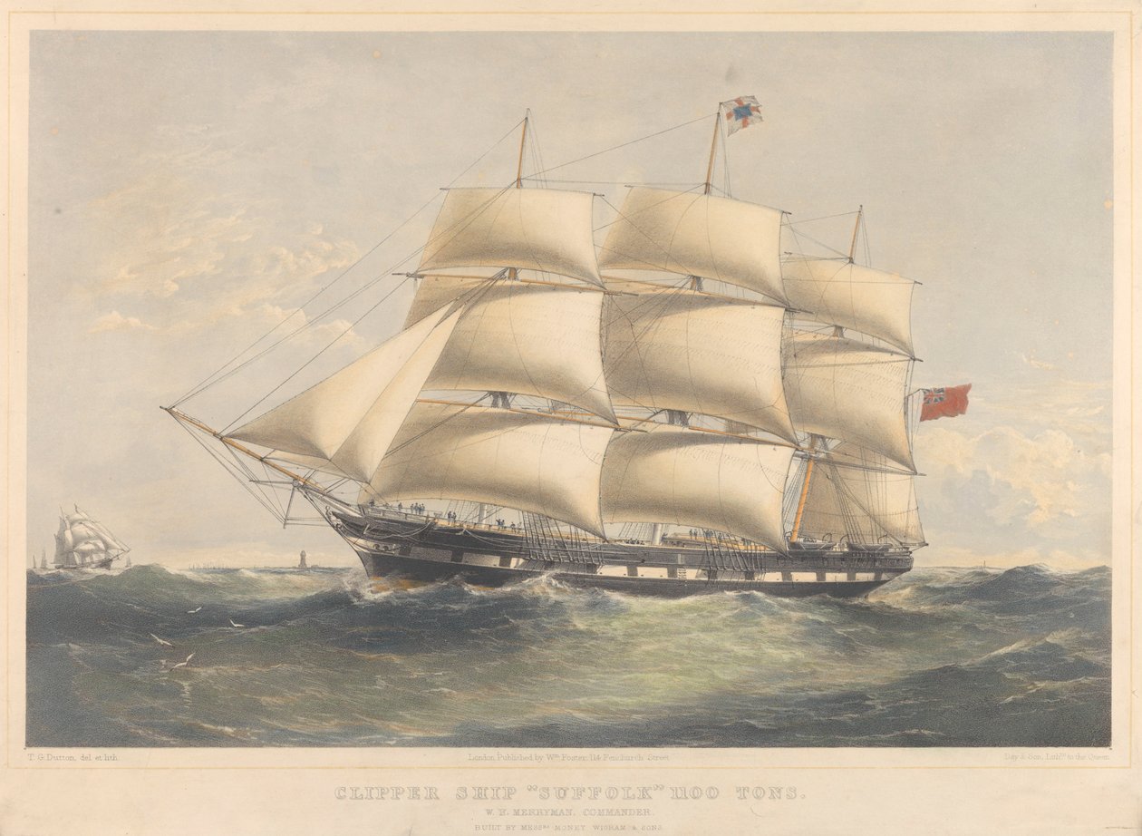 O navio Clipper Suffolk 1100 Tons, c.1857-60 (litografia, colorida) de Thomas Goldsworth Dutton