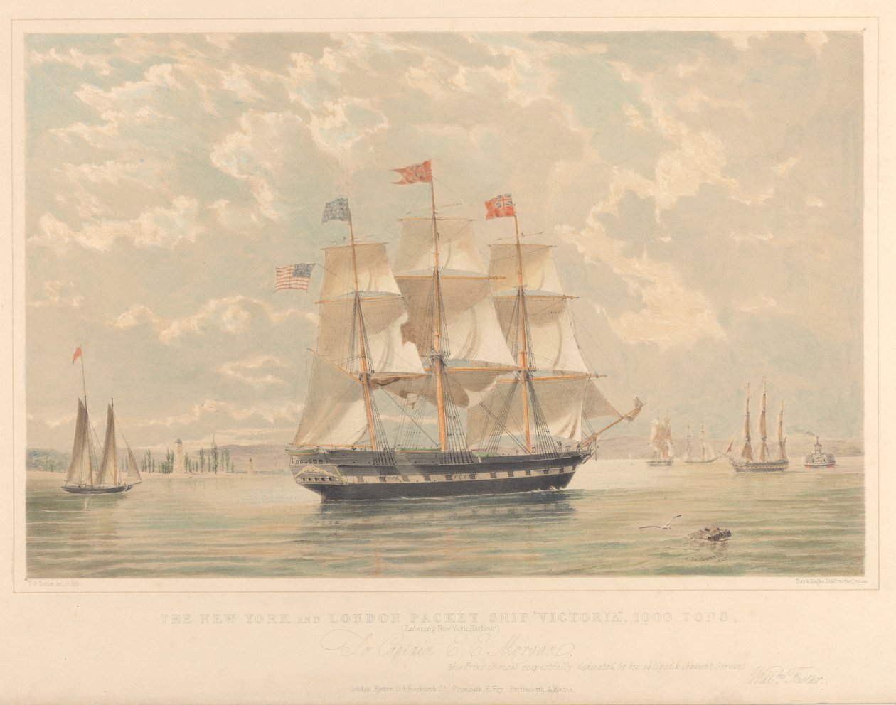 The New York and London Packet ship Victoria (entrando no porto de Nova Iorque), c.1839-44 (litografia, colorida) de Thomas Goldsworth Dutton