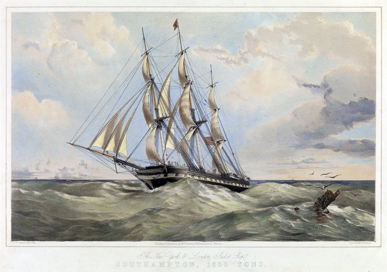 Veleiro da linha de Nova Iorque (Estados Unidos) Londres (Inglaterra), Southampton (capacidade 1600 toneladas). Litografia a cores de Thomas Goldsworth Dutton (1819-1891) de Thomas Goldsworth Dutton