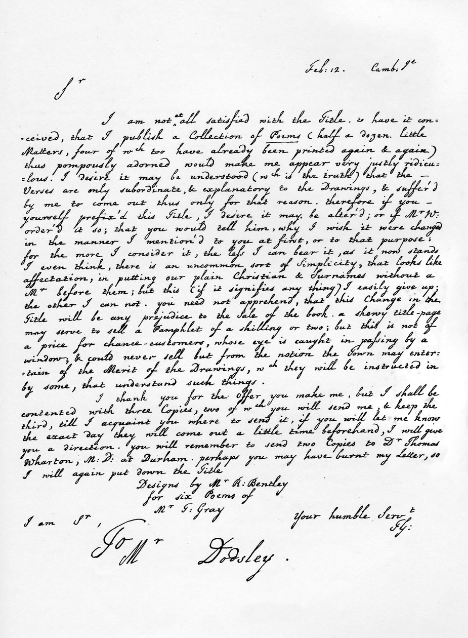 Carta de Thomas Gray sobre a edição de suas obras poéticas, c1753, 1840 de Thomas Gray