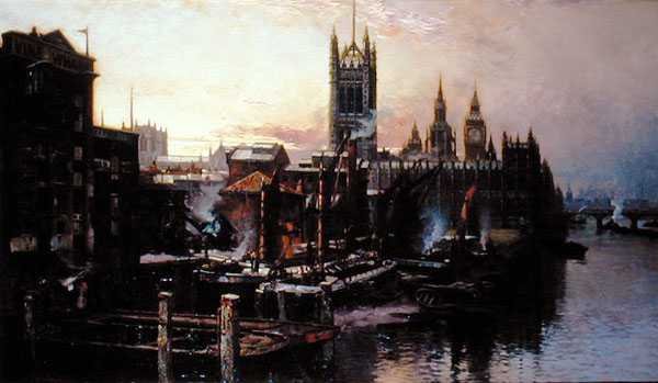 Vista das Casas do Parlamento do Rio Tamisa, Londres (óleo sobre tela) de Thomas Greenhalgh