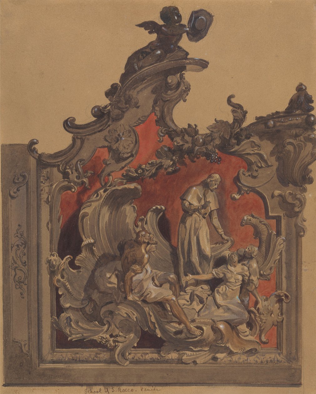 Escola de San Rocco, Veneza: Estudo para decoração curva (caneta e tinta, wc e bodycolour sobre lápis sobre papel) de Thomas Hartley Cromek