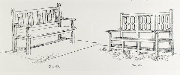 Bancos de jardim, de "The Art and Craft of Garden Making" de Thomas Mawson, publicado em 1900 (gravura) (foto a p/b) de Thomas Hayton Mawson