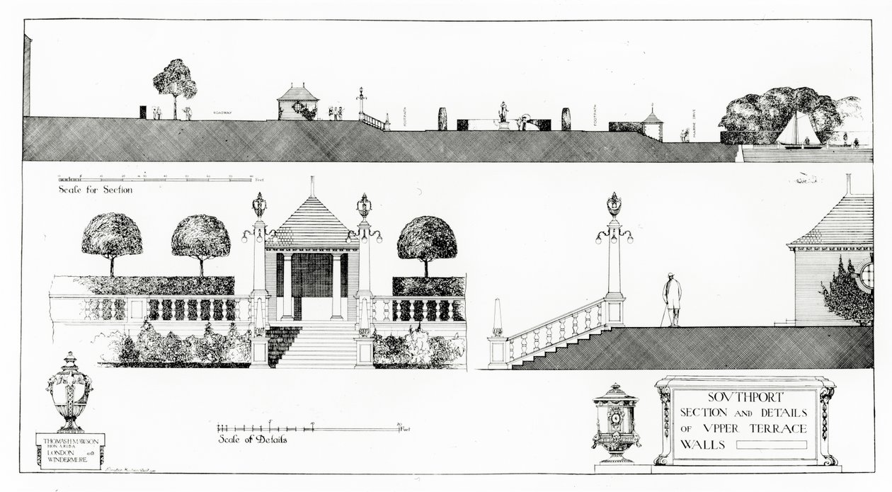 Southport: Seção e Detalhes do Terraço Superior e Paredes, de Thomas Mawson &39;Estudos no Planejamento Urbano&39;, publicado em 1911 de Thomas Hayton Mawson