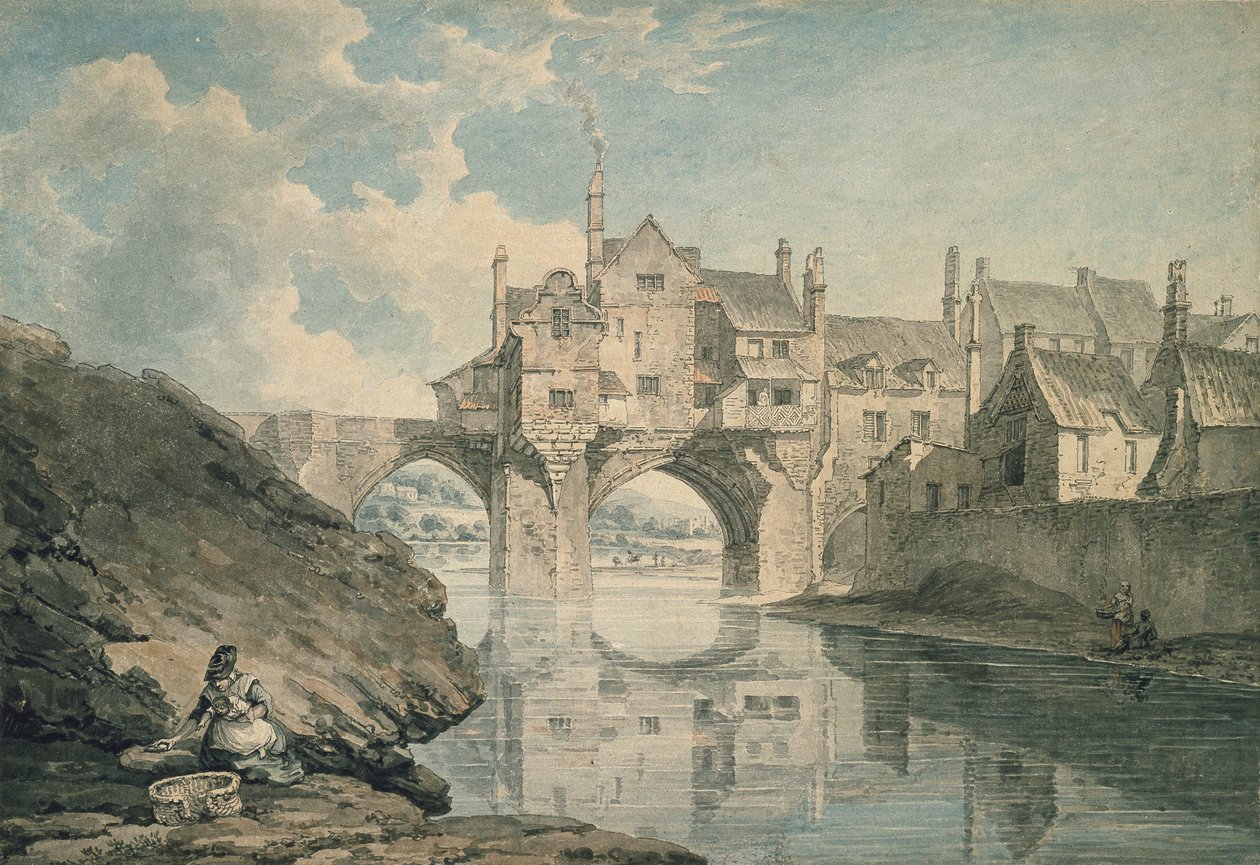 Elvet Bridge, Durham, século XVIII (wc e lápis sobre papel) de Thomas Hearne