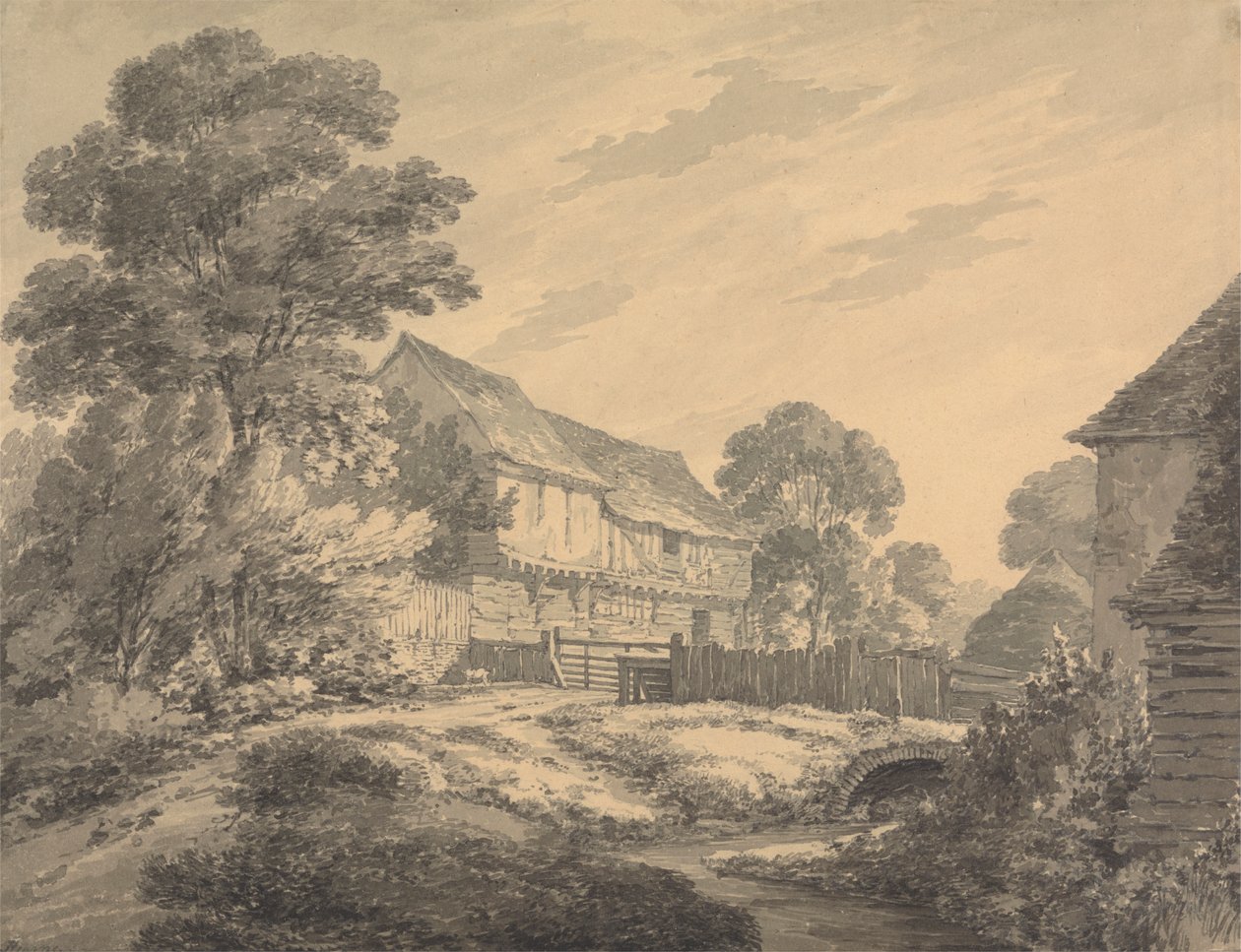 Casa de campo e Edifícios por um riacho de Thomas Hearne