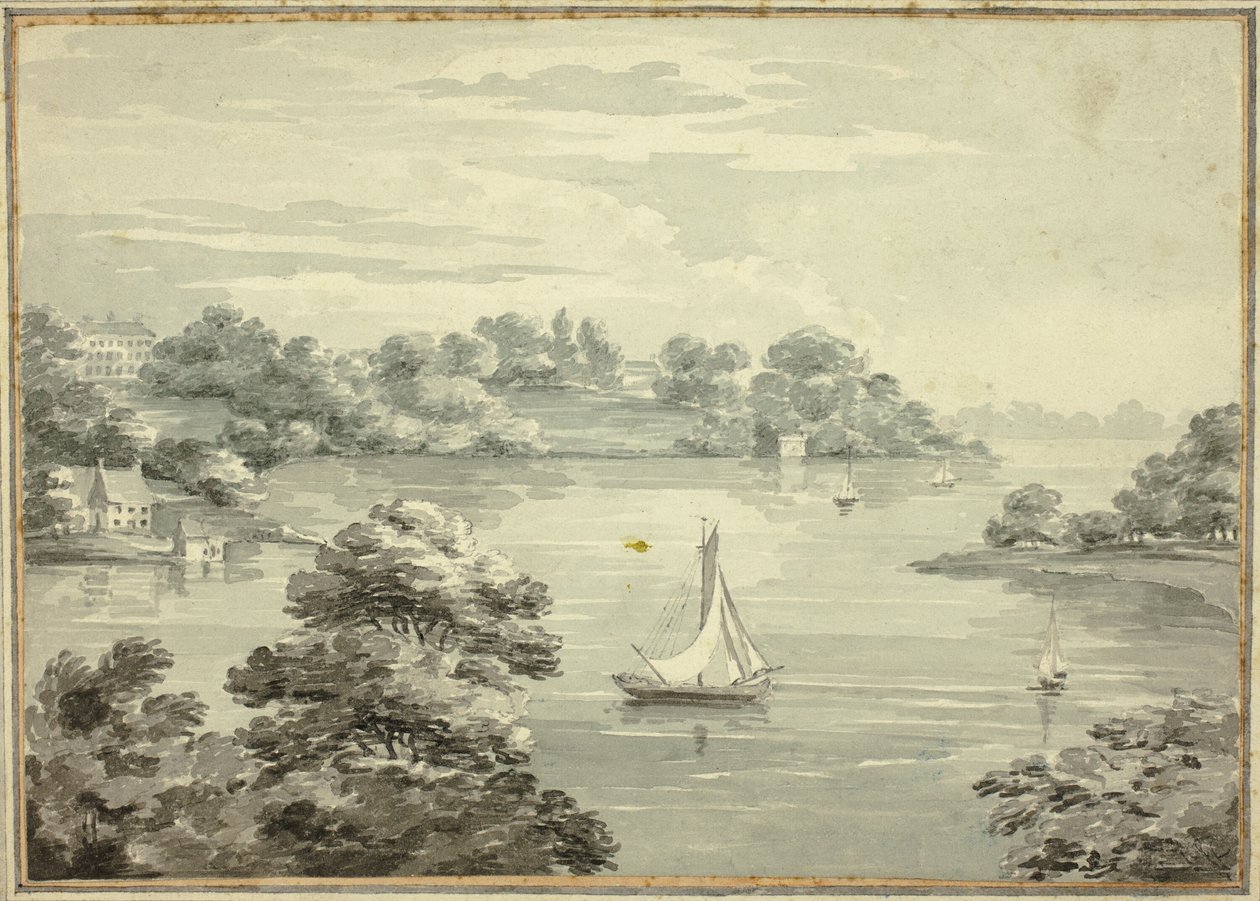Barcos à vela no lago com casas perto da costa de Thomas Hearne