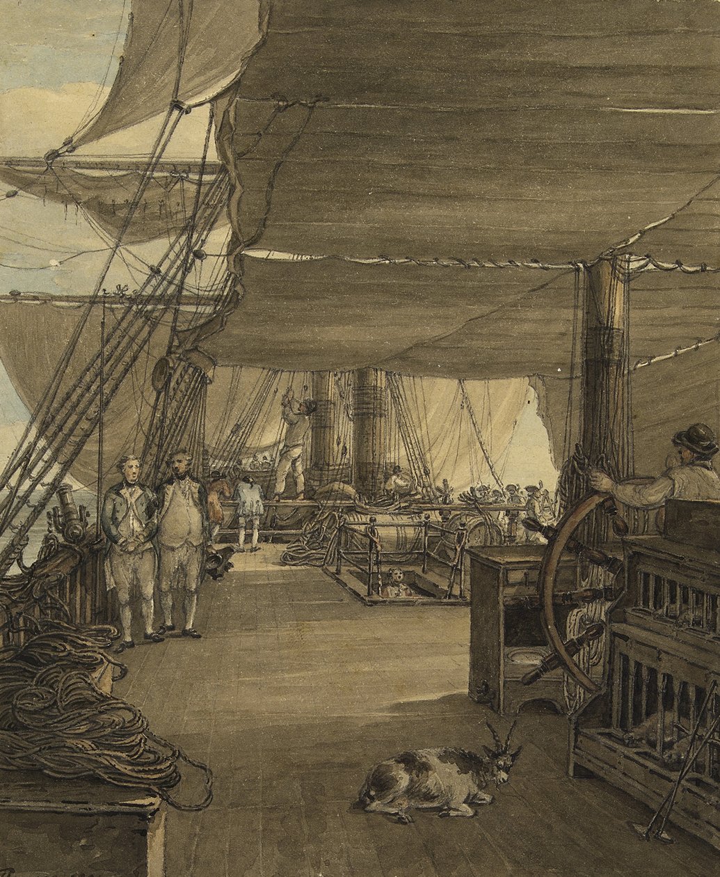 Cena a bordo do HMS "Deal Castle", durante uma viagem das Índias Ocidentais, em 1775. Aguarela de Thomas Hearne