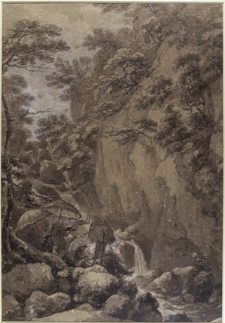 Sir George Beaumont e Joseph Farington pintando uma cachoeira, 1777 (caneta e tinta com papel) de Thomas Hearne