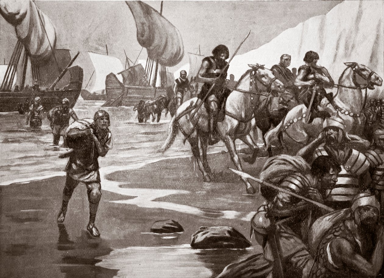 O Segundo Desembarque de César, 54 a.C., ilustração de "Hutchinson