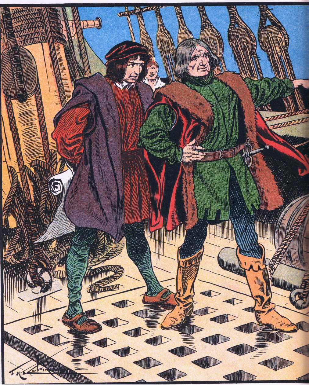 Colombo na sua viagem à América (litografia a cores) de Thomas Heath Robinson